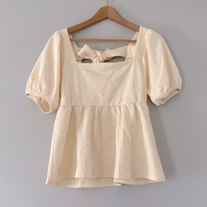 Mine ivory puff sleeve peplum babydoll textured blouse medium